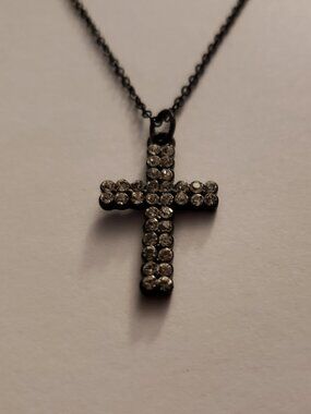 Faux Clear Crystal Cross Pendant Necklace Black Adjustable Chain Christian Goth